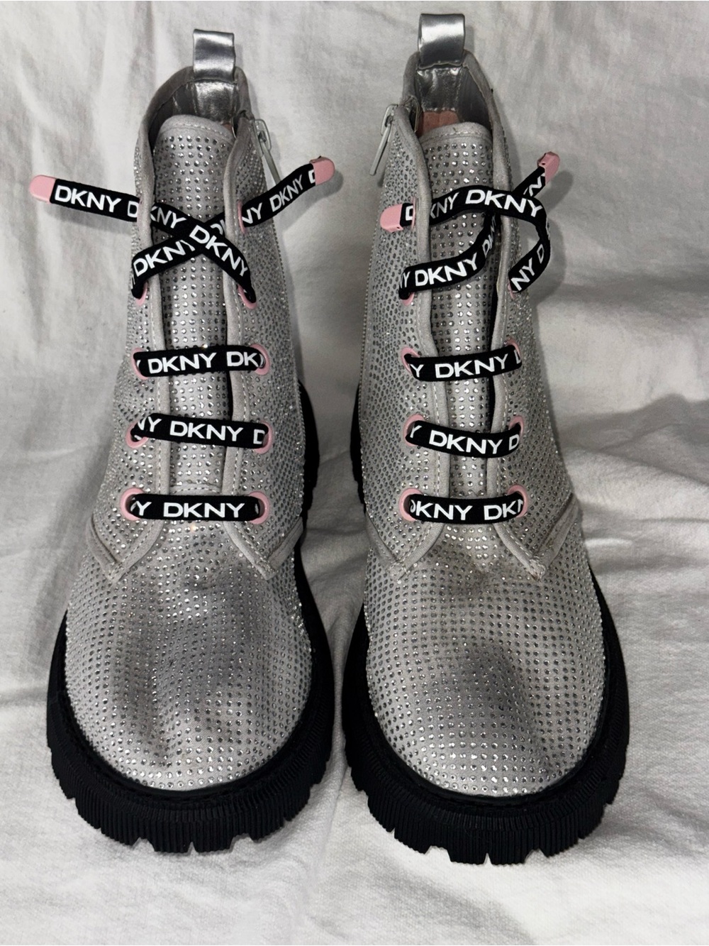 DKNY Silver Rhinestone Combat Boots Crystal Bling Logo Lace Lug Sole READ